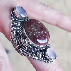 New Pink Thulite & Pink Chalcedony 925 Silver Butterfly Statement Ring.